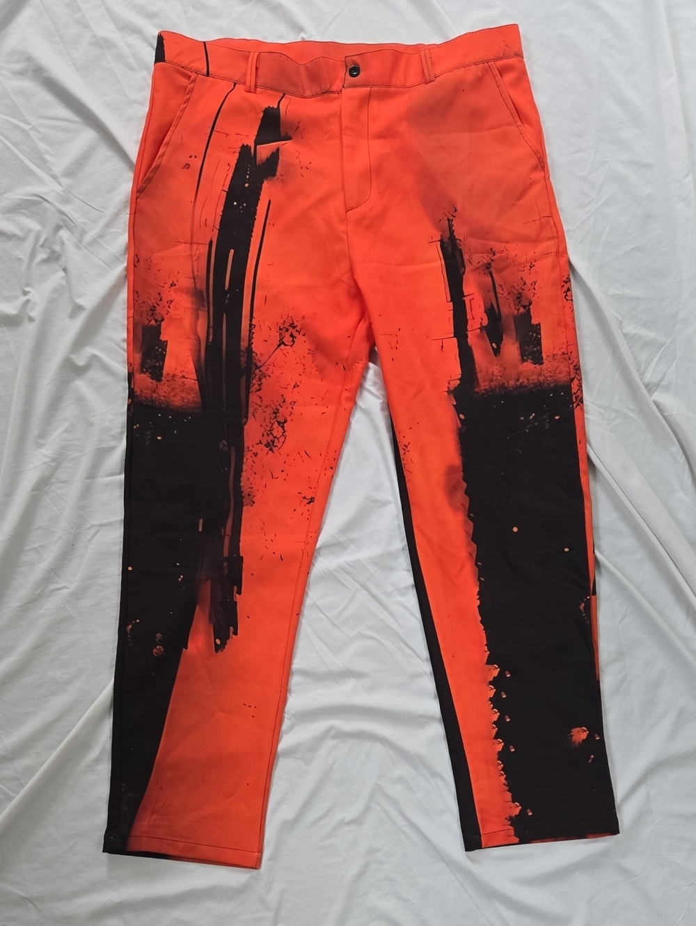 Men's Funky Bright Orange Pants Black Abstract Paint Marks Front&Back Very Cool